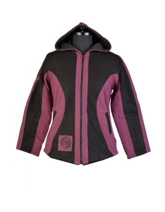 Černo fialová bunda s kapucí, spirálová aplikace, zapínání na zip a kapsy