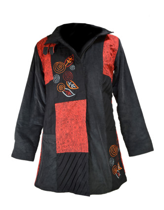 Černo červený manžestrový kabátek, potisk a výšivka, zapínání na zip a kapsy