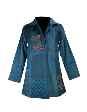 Modrý manžestrový kabátek, potisk a výšivka, zapínání na zip a kapsy