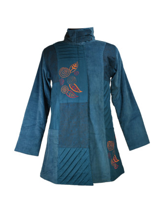 Modrý manžestrový kabátek, potisk a výšivka, zapínání na zip a kapsy