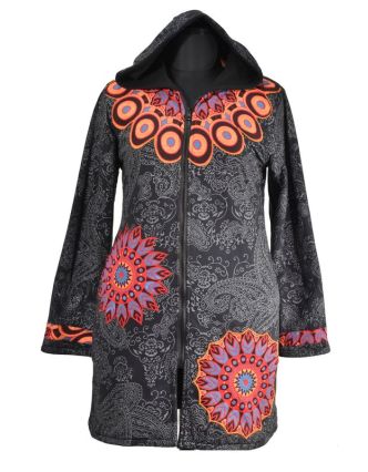 Černo-šedý dámský kabát s kapucí zapínaný na zip, Mandala aplikace, kapsy