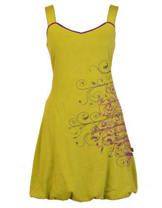 Krátké zelené šaty na ramínka s fialovými detaily, tisk a výšivka