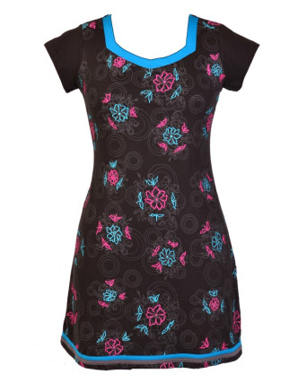 Krátké černé šaty "Rose" design, šedý potisk, tyrkysovo růžová výšivka