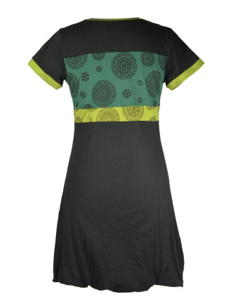 Krátké balonové šaty s krátkým rukávem, černo-zelené, Chakra tisk a aplikace