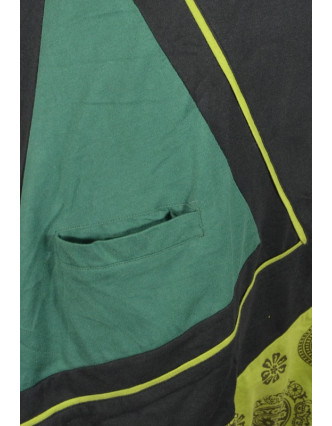 Krátké balonové šaty s krátkým rukávem, černo-zelené, Chakra tisk a aplikace
