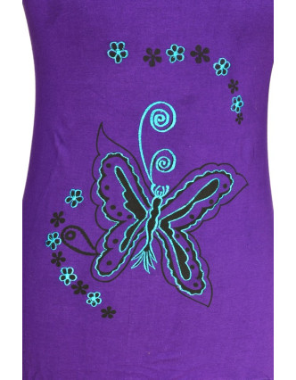 Šaty, krátké, dlouhý rukáv, fialové, tisk motýl, výšivka, tkaničky, kapuce