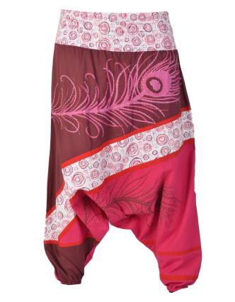 Turecké kalhoty, dlouhé, růžové, peacock design, tisk, výšivka, bobbin