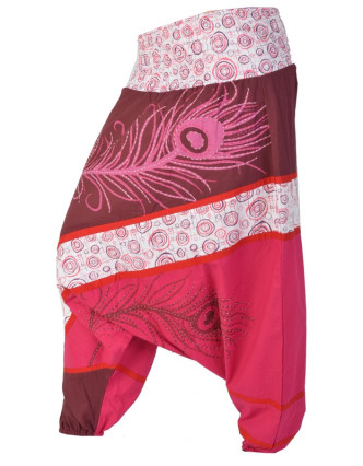 Turecké kalhoty, dlouhé, růžové, peacock design, tisk, výšivka, bobbin