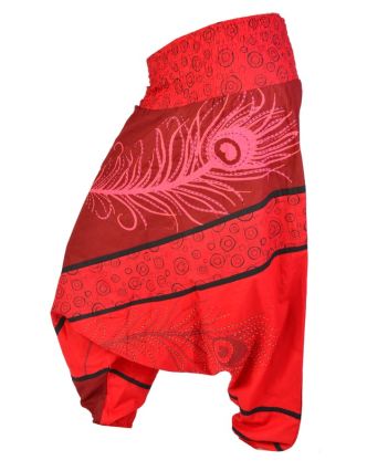 Turecké kalhoty, dlouhé, červené, peacock design, tisk, výšivka, bobbin
