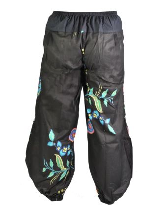 Černé balonové kalhoty "Flower design", pružný pas a kapsy
