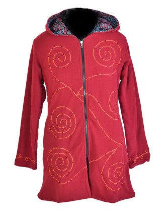 Vínový dámský kabátek s kapucí zapínaný na zip, spiral výšivka a mandala potisk