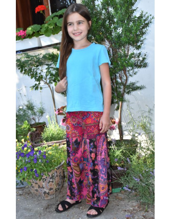 Dětské fialové zvonové kalhoty s potiskem, "Patchwork design", elastický pas