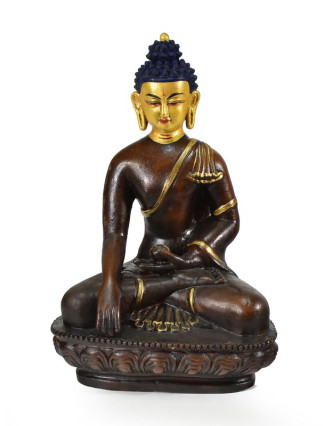 Buddha Šákjamuni sedící na lotosovém trůnu, zlacený, keramika, 15x23cm