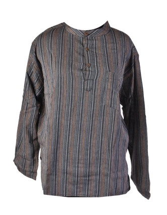 Pruhovaná pánská košile-kurta s dlouhým rukávem a kapsičkou, šedá