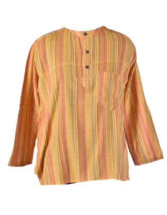 Pruhovaná pánská košile-kurta s dlouhým rukávem a kapsičkou, žlutá