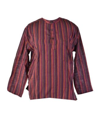 Pruhovaná pánská košile-kurta s krátkým rukávem a kapsičkou, fialovo vínová