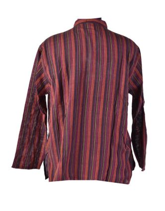 Pruhovaná pánská košile-kurta s krátkým rukávem a kapsičkou, fialovo vínová