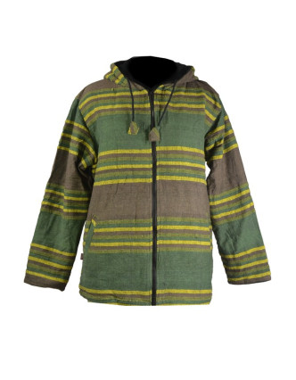 Pánská zeleno-khaki-žlutá pruhovaná bunda s kapucí, zapínání na zip a kapsy