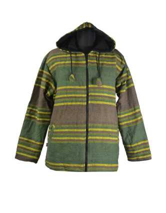 Pánská zeleno-khaki-žlutá pruhovaná bunda s kapucí, zapínání na zip a kapsy