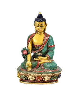 Soška Medicine Buddhy , pozlacená, zdobená polodrahokamy, 18cm