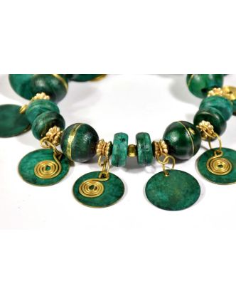 Náramek na gumičce se zelenými a zlatými korálky, zlatý kov