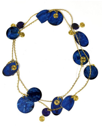 Dlouhý náhrdelník s modrými a zlatými kolečky, zlatý kov