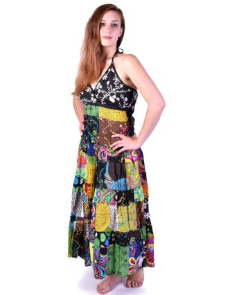 Dlouhé patchworkové šaty "Mix design", zavazování za krk