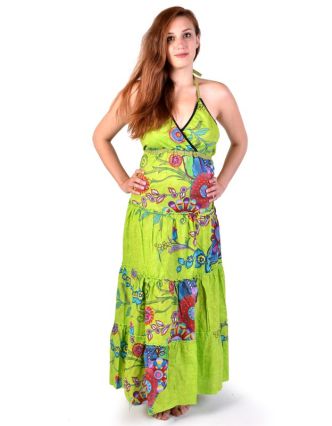 Dlouhé zelené šaty "Flower design", zavazování za krk