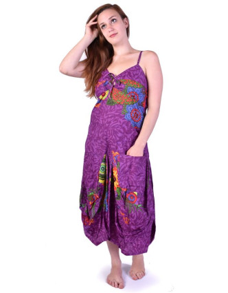 Dlouhé fialové balonové šaty "Flower design", ramínka, kapsy