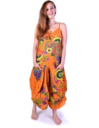 Dlouhé oranžové balonové šaty "Flower design", ramínka, kapsy