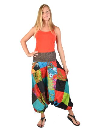 Multibarevné patchworkové turecké kalhoty, žabičkování