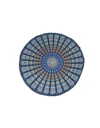Bavlněný kulatý přehoz s mandalou, modrý, 188 cm