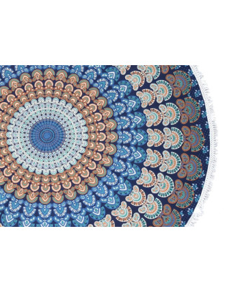 Bavlněný kulatý přehoz s mandalou, modrý, 188 cm