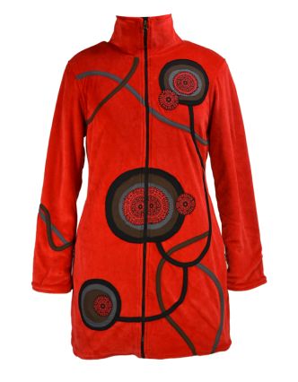 Sametový kabátek s kruhovými aplikacemi, červený, Chakra tisk, zapínání na zip,