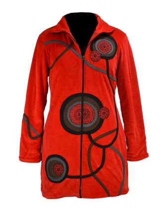 Sametový kabátek s kruhovými aplikacemi, červený, Chakra tisk, zapínání na zip,
