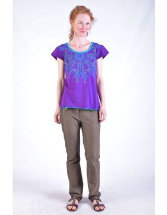 Fialovo-tyrkysové tričko s krátkým rukávem a mandalou, barevná výšivka