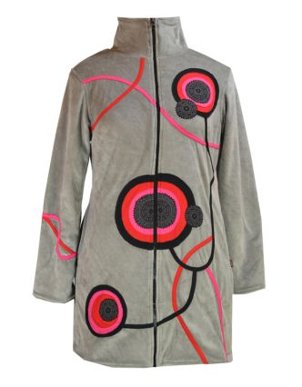 Sametový kabátek s kruhovými aplikacemi, šedý, Chakra tisk, zapínání na zip, kap