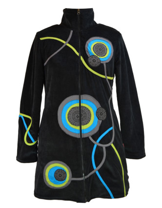 Sametový kabátek s kruhovými aplikacemi, černý, Chakra tisk, zapínání na zip, ka