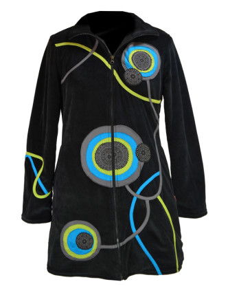 Sametový kabátek s kruhovými aplikacemi, černý, Chakra tisk, zapínání na zip, ka
