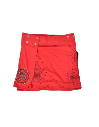 Červená mini sukně zapínaná na patentky, kapsa, mandala potisk a výšivka
