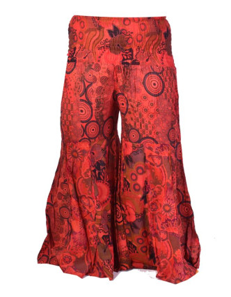 Červené zvonové kalhoty s potiskem, "Patchwork design", elastický pas