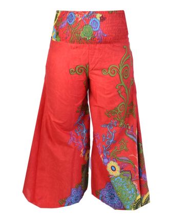 Červené zvonové kalhoty s vysokým pasem, "Flower design", žabičkování