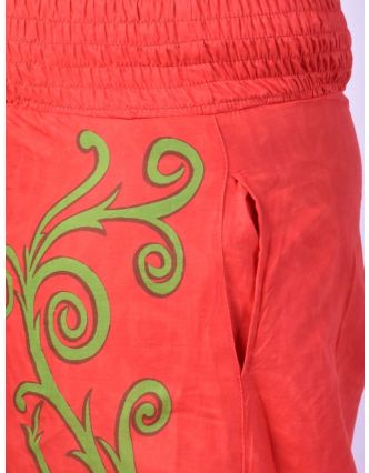 Červené zvonové kalhoty s vysokým pasem, "Flower design", žabičkování
