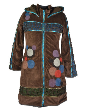 Sametový  kabátek s kapucí, hnědý, pletené prostřihy, kruhové aplikace a lemován