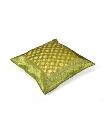 Povlak na polštář, zelený, vzor kolečka, zlatá výšivka, 50x50cm