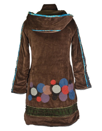 Sametový  kabátek s kapucí, hnědý, pletené prostřihy, kruhové aplikace a lemován