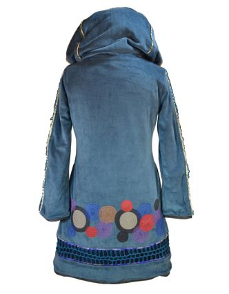 Sametový  kabátek s kapucí, modrý, pletené prostřihy, kruhové aplikace a lem
