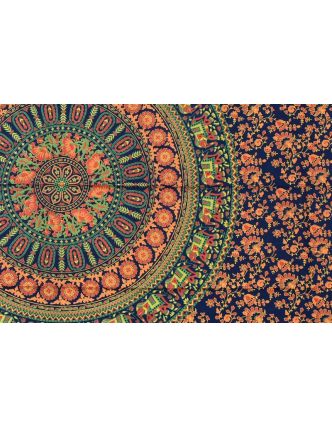 Přehoz na postel, modro-oranžový, sloni a květiny, 130x210cm