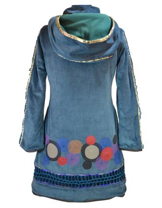 Sametový  kabátek s kapucí, modrý, pletené prostřihy, kruhové aplikace a lem