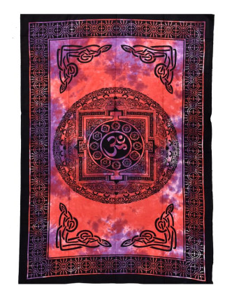 Přehoz přes postel s tibetskou mandalou, červeno fialová batika, 140x200cm